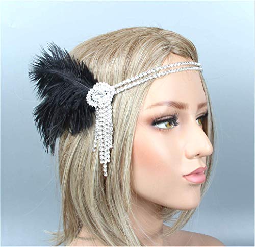 Cathercing Vintage 1920s Headpiece Accessories for Women Black White Ostrich Feather Diamond Foral Tassel Flapper Headband Great Gatsby 20s Hair Piece Costume Party Prom Masquerade Cosplay (style3)