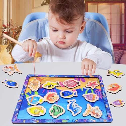 Image of PLUSPOINT 15 Pieces Wooden Magnetic Fishing Game for Kids 12 Fishes 2 Stick 1 Pool Tray Magnet Fish Game Wooden Magnetic Fishing Toys for Kindergarten Preschool Kids Girl Boy (Fish Tray)
