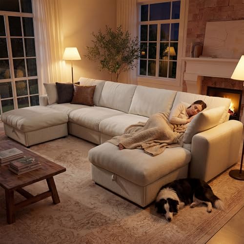 Image of Ihanherry 141 inch Oversized Cloud Sectional Couches for Living Room, Modular Sectional Sofa with Wide Deep Seat, U Shaped Couch with Throw Pillow and Storage Ottoman, Beige