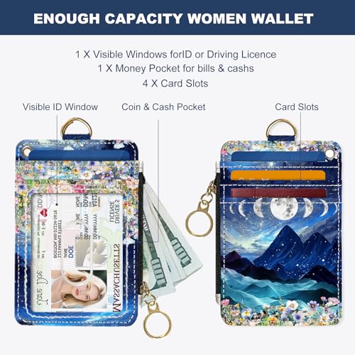 Image of Slim Wallet Credit Card Holder, Mountains and the Moon, RFID Wallet Women Cute Small Front Pocket Wallet With Zipper, PU Leather Thin travel RFID Blocking Card Case ID Window ,Ladies Gifts