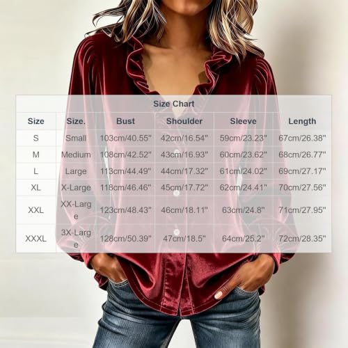 Womens Velvet Blouses Ruffle V Neck Tops Long Sleeve Button Down Shirt Fall - image 5