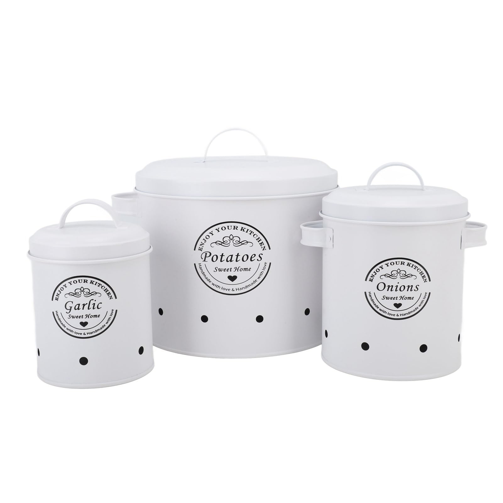 Potato Onion Garlic Storage Bins Set of 3 Carbon Steel Kitchen Canister Pantry Vegetable Fresh Keeper Organizer - with Lid,Handle,Aerating Hole(White)