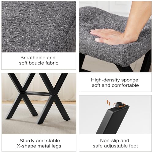 Image of Memobarco 18-Inch Vanity Stool Chair, Vanity Bench with Metal X-Legs, Ottoman Accent Stool with Breathable and Soft Boucle Fabric Saddle Seat, Grey