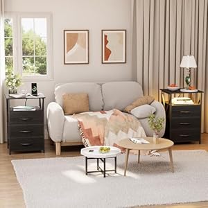 Yeshomy nightstand set of 2 led nightstands with charging station end table with 3 fabric drawers and storage shelf endtable with usb ports outlets bedside tables with wooden panel black  urban country home decor