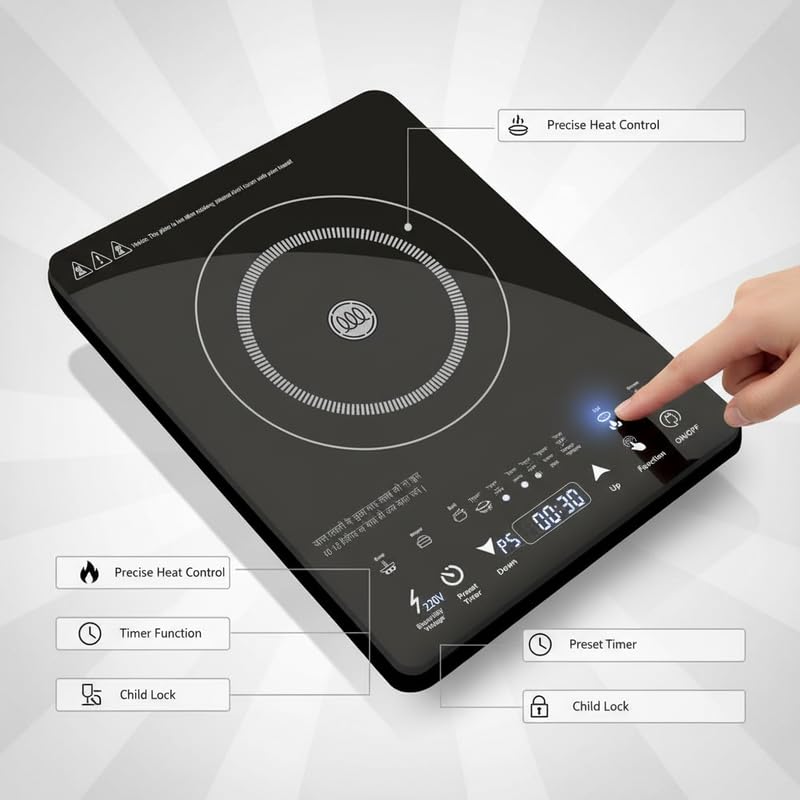 Image of Drumstone TopRated ๐๐๐๐ซ ๐๐๐ซ๐ซ๐๐ง๐ญ๐ฒ 2000W Induction Cooktop Portable Electric Stove for Home Kitchen Touch Panel Induction Chulha Fast Cooking Temperature Control Timer Black