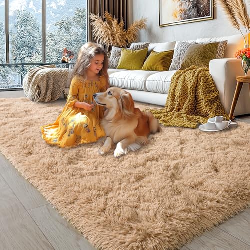 KING DARE 9x12 Area Rug for Living Room Plush Carpet, Soft Fluffy Shaggy Fuzzy Furry Large Beige Rug, Anti-Slip Washable Modern Floor Rug for Bedroom Home Aesthetic Decor