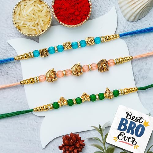 Image of eCraftIndia Set of 3 Om Ganesha Krishna Beads Designer Rakhis | Best Bro Ever Fridge Magnet | Roli Chawal Pack | Rakhi for Brother Bhaiya Bhai Bhabhi Kids