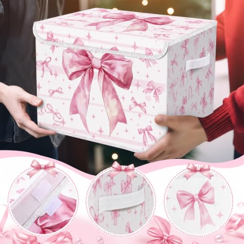 Image of Briwooody Pink Bow Storage Bin with Lid and Carrying Handle Coquette Basket