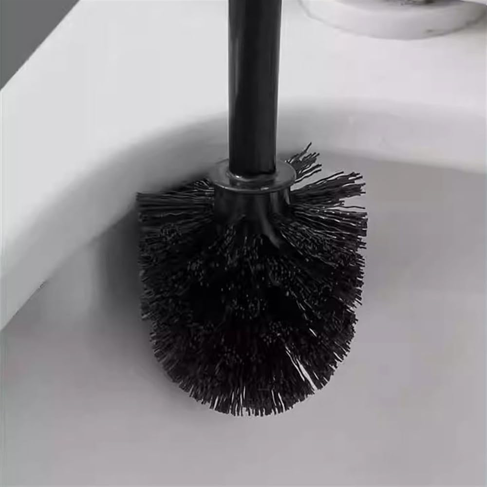 Juego de escobilla de inodoro con base estable, diseño redondo negro, mango largo, cepillo de plástico para limpieza de suelos, accesorio esencial de baño