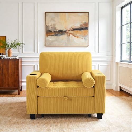 Image of 3-in-1 Sleeper Sofa Chairs Set of 2, Pull Out Sofa Bed Convertible Reclining Seat Upholstered Armchair, Adjustable Backrest Recliner Chair with Side Pockets, Cup Holder & USB Ports - Yellow