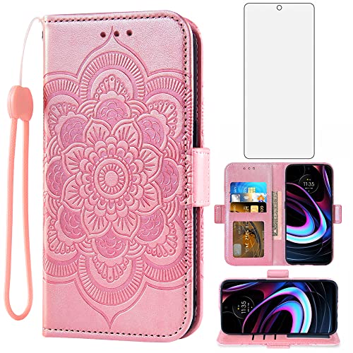 Asuwish Compatible with Motorola Moto Edge 2021/MotoEdge 5G UW Wallet Case and Tempered Glass Screen Protector Leather Flip Credit Card Holder Stand Cell Phone Cover for MotoEdge5GUW Women Rose Gold