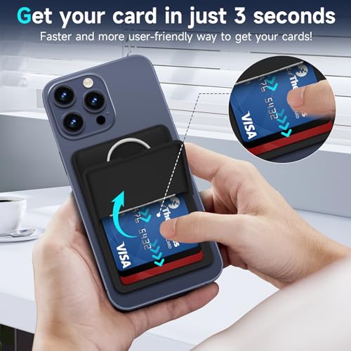 Image of Asstar Magnetic Wallet with Ring for 3 Cards, MagSafe Compatible | Adjustable Stand for Apple Wallet, Magnetic Card Holder for iPhone 15 /14 /13 /12, Twill PU Leather