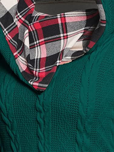 Image of ZEZCLO Women's Twisted Cable Knit Plaid Print Hooded Sweater Mock Button Ruched Shawl Neck Knit Top