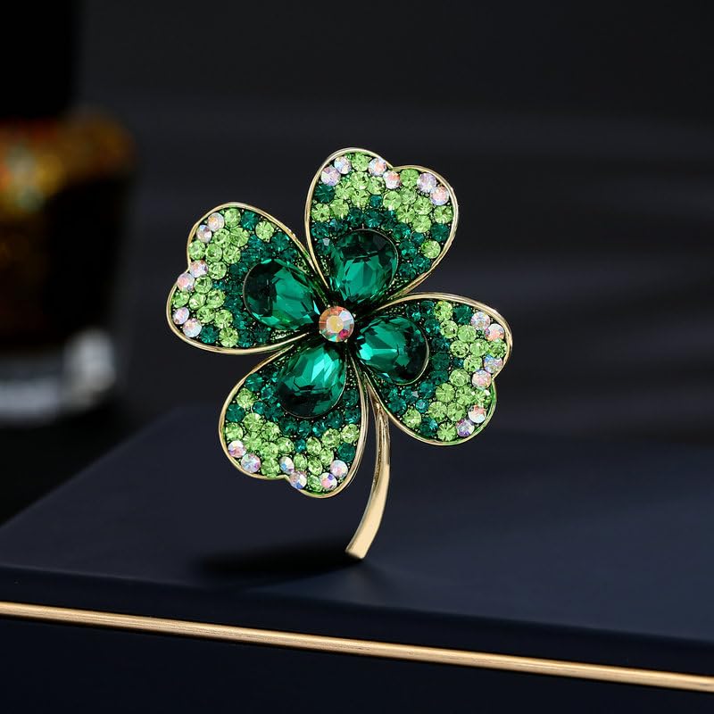 Image of Rhinestone Clover Leaf Brooch Pin, Green Four Leaf Clover Pin Shamrock Lapel Pin, Gold Plated Vintage Crystal Flower Brooches