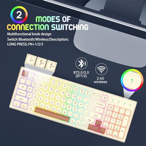 KOLMAX BK98 Wireless Gaming Keyboard, Dual Mode 2.4G/Bluetooth Gaming Keyboard,RGB Backlit Ergonomic 98 Keys PBT Mechanical Feeling Wireless Keyboard for Office Windows Mac PC Gamer(Retro Brown) - Image 3