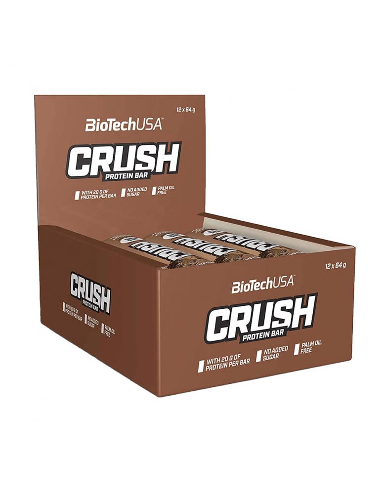 BioTechUSA Crush Bar Barretta multi-strato senza zuccheri aggiunti, con 20 g di proteine, 12 * 64 g, Brownie al cioccolato