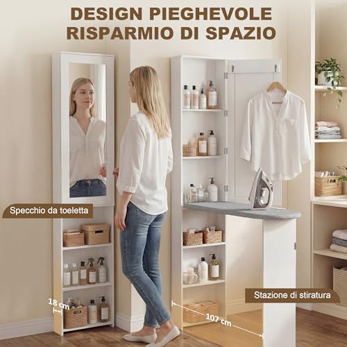 Meuble à repasser multifonction avec 6 compartiments et miroir pliable armoire