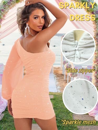 Image of ShawGobow Sparkly Outfits for Women,One Shoulder Ruched Bodycon Short Prom Dress,Sexy Dresses Cocktail Homecoming Nye