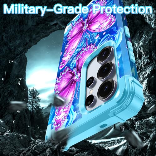 LONTECT for Galaxy S24 Ultra 5G Case Shockproof 3 in 1 Heavy Duty Rugged Hybrid Sturdy High Impact Drop Protective Cover Flower Case for Samsung Galaxy S24 Ultra 5G 2024,Sky Blue - image 4