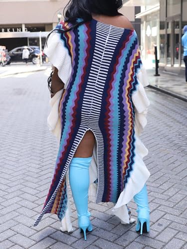 XZLUFNY Women's Striped Ruffle Knitted Sleeveless High Split Hem Loose Maxi Dress2