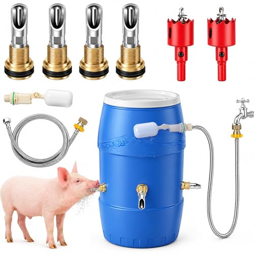 GINDOOR Automatic Pig Waterer Nipple System Stainless Steel Pig Waterer with Brass Water Tank Connector Kit Hog Water Drinker Feeder with Float Valve and Garden Hose for Pig Goats Piglets