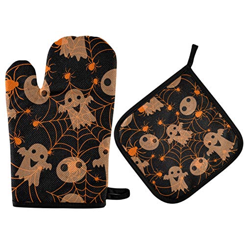 Halloween Ghost Cute Pot Holders and Oven Mitts Set Funny Spider Hot Pads Potholders for Kitchen Cooking BBQ Baking Bakeware