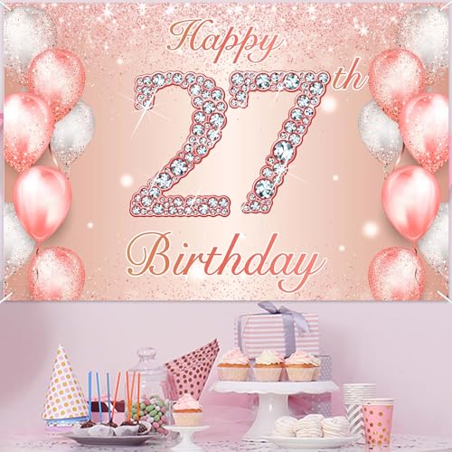 Image of Happy 27th Birthday Rose Gold Banner Cheers to 27 Years Old Backdrop Confetti Balloons Theme Decor for Women 27 Years Old Pink Birthday Party Decorations Bday Supplies Background Favors Gift Glitter