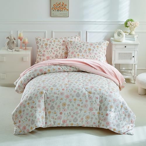 DuShow Floral Twin Comforter Set 5 Pieces Twin Bedding Set for Girls Twin Bed in a Bag All Season Kids Sheet Set with Comforter Flat Sheet Fitted Sheet Pillowcase and Pillow Sham-Pink Floral