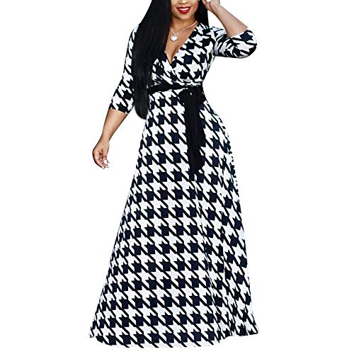 WOOSEN Women s Wrap V Neck Plus Size Maxi Dresses 3 4 Sleeves Chain Floral Printed Swing Dress with Belt 8193-plaid, XX-Large