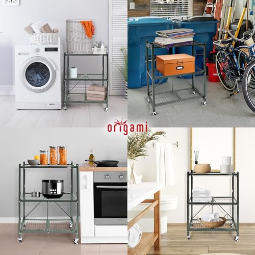 Image of Origami 3-Tier Foldable Storage Shelves, Heavy Duty Rolling Shelf Rack with Wheels, Pewter