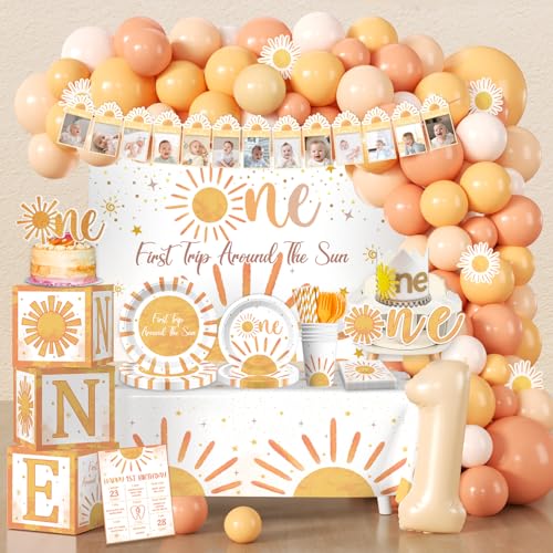Cocomigo 232pcs First Trip Around the Sun Decorations, One-stop Package Includes 59.1 x 39.4 in Backdrop 40 First Trip Around the Sun Plates 100 Balloons for First Birthday Party