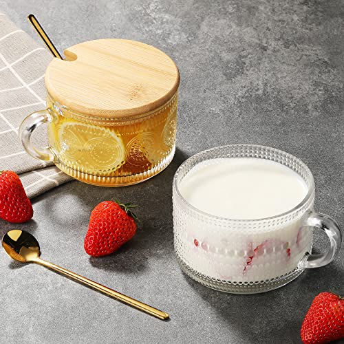 Newpow Vintage Coffee Mugs Set Of 4, Glass Cups Overnight Oats Containers With Bamboo Lids And Spoons, Cute Coffee Bar Accessories, Iced Coffee Glasses - Clear 13Oz #TOP1