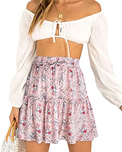 Alelly Women's Summer Cute High Waist Ruffle Skirt Floral Print Swing Beach Mini Skirt