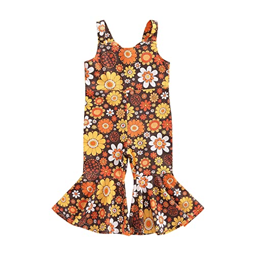 Image of Luckinbaby Toddler Girl Bell Bottom Jumpsuit Romper Baby Floral One Piece Flare Pants Overalls Playsuit Fall Clothes (Dark Brown, 18-24 Months)