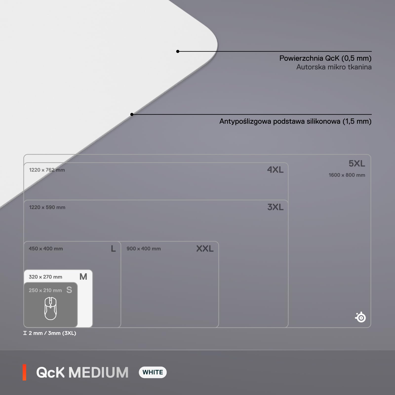 SteelSeries QcK, gamingowa podkładka, średnia - Biała - Antypoślizgowa silikonowa podstawa - Topowe śledzenie, stabilność - opt. dla czujników gamingowych - 320x270 mm - FPS, MOBA, RTS, MMO