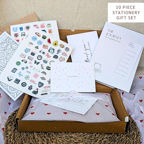 Image of Be My Valentine Gift Set - Luxury Stationery Kit, Guided Hardbound Journal, TJute Bag, Stickers, Gratitude Card, Bookmark, bamboo pen - Curated for Stationery Lovers