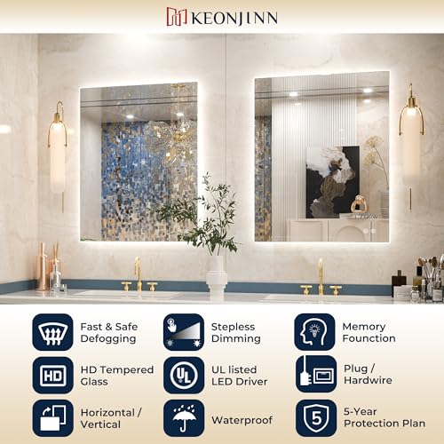 Keonjinn 24 x 36 Inch Backlit Mirror for Bathroom, Anti-Fog Led Mirror, CRI90+ HD Tempered Glass, Stepless Dimmable Lighted Mirror, High Lumen, UL Listed, Waterproof, Horizontal/Vertical - Image 5