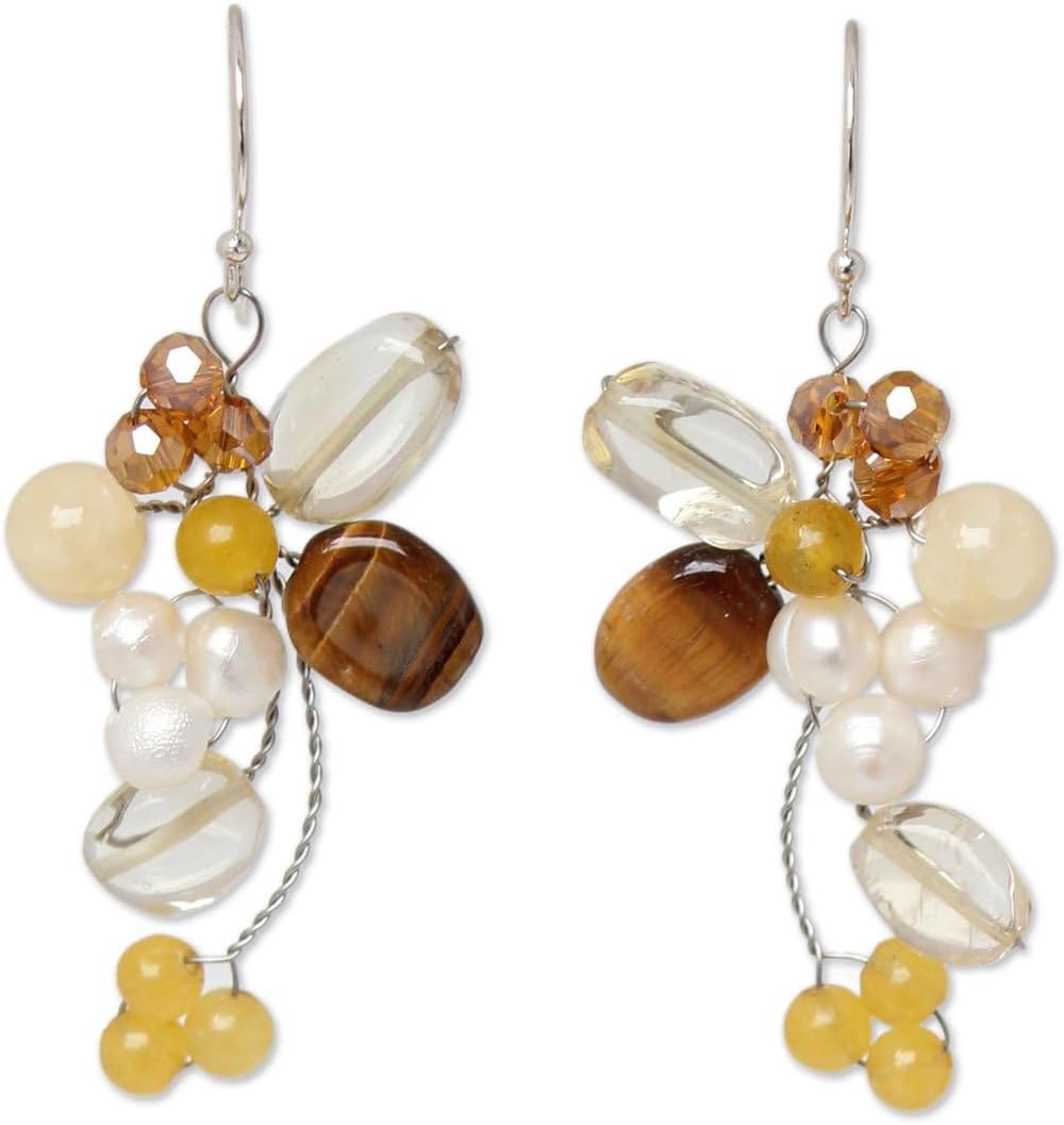 NOVICA Artisan Handcrafted Dyed Quartz Pearl Earrings | Citrine Beaded Sterling Silver | Tigers Eye Cluster Dangle | Long French Wire | Brown White Yellow Turquoise | Thailand 'Radiant' 2" L x 0.8" W