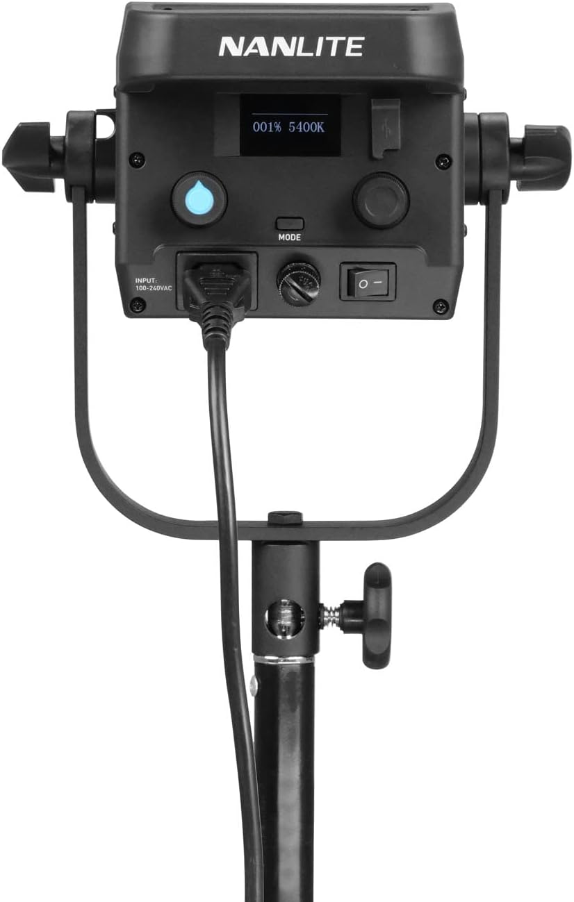 Posteriore view of the Nanlite FS-200B showing the control panel, power input, and cooling vents.