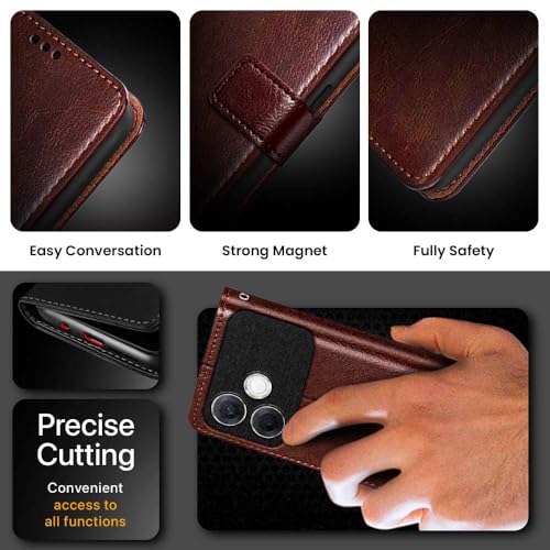 Image of WOW IMAGINE Shock Proof Flip Cover Back Case Cover for Oppo F33 Pro 5G (Flexible | Leather Finish | Card Pockets Wallet & Stand | Brown)