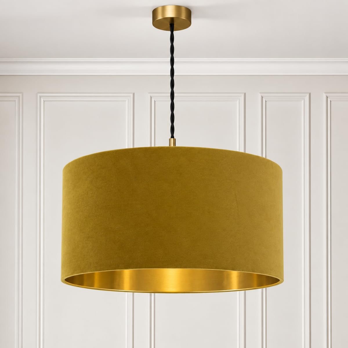 CGC Lighting Indoor Ceiling Lampshade Large Velvet Fabric Lamp Shade 45cm Diameter Gold Reflective Inner Drum Pendant Table Lamp Bedroom Dining Room Lounge (Mustard & Gold)
