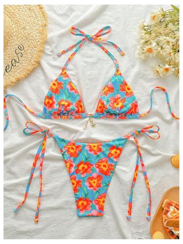 Women's 2 Piece Bikini Sets Floral Boho Halter Triangle Swimsuits Tie Side String Bathing Suit2