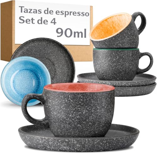 Cosumy Set de 4 Tazas de Espresso con Platillos - 90 ml de Cerámica - Juego de Café Moderno - Gres Grueso con Esmalte Reactivo Hecho a Mano - Mantiene el Calor por Más Tiempo (De color) Cosumy Set de 4 Tazas de Espresso con Platillos - 90 ml de Cerámica - Juego de Café Moderno - Gres Grueso con Esmalte Reactivo Hecho a Mano - Mantiene el Calor por Más Tiempo (De color)