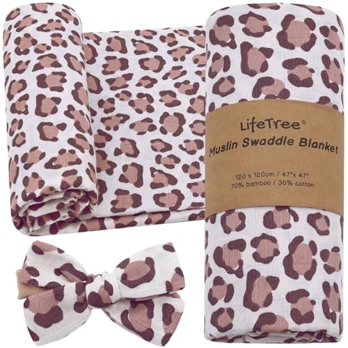 Image of LifeTree Baby Muslin Swaddle Blankets for Boys & Girls, Leopard Print Newborn Swaddle Set with Matching Headband Bow, Infant Receiving Blanket, 47 x 47 inches, 70% Viscose from Bamboo and 30% Cotton