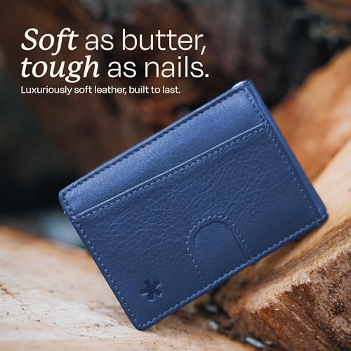 Image of Swear Brands Full Grain Leather Wallet with RFID Blocking & Money Clip - Minimalist Bifold Wallet Holds 12 Cards - Easy Access Pull Tab - Ethically Sourced (Blue)