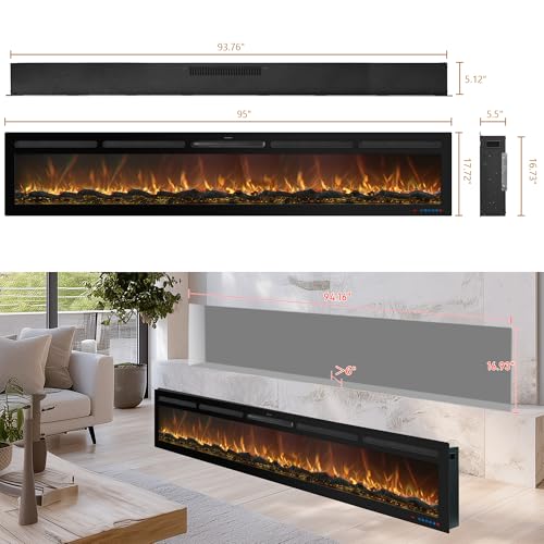 Image of 95 inch Electric Fireplace, Recessed or Wall Mounted, 5.5 inch Deep, 750W /1500W Quartz Heater, WiFi App, Alexa and Google Home, 13 Flame Colors