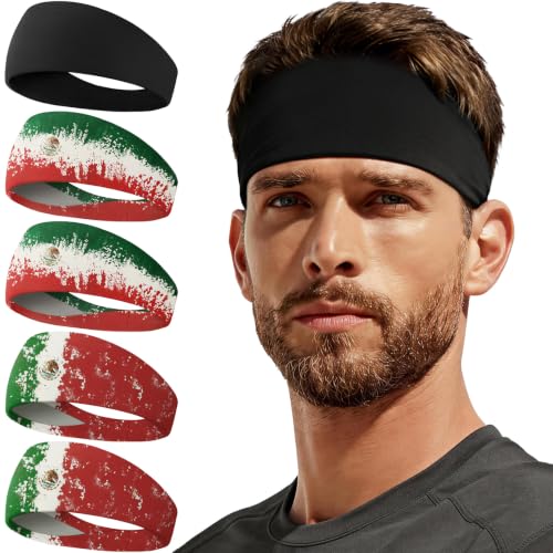 CYPERROCK 5 Pack Sweat Band Running Sports Headbands Moisture Wicking Workout Headband for Men/Women Black+2 Mexico Flag-1+2 Mexico Flag-2