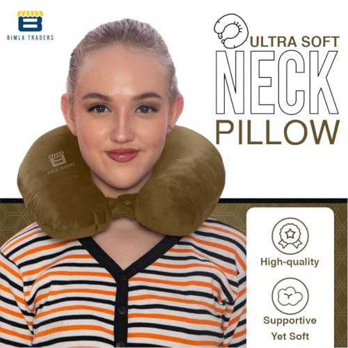 Image of CRAE Soft Fibre Filled Neck Pillow for Car, Train, Flight Travel, Neck Support Rest Pillow with Attachable Snap Strap | Pack of 1 | Tan Brown