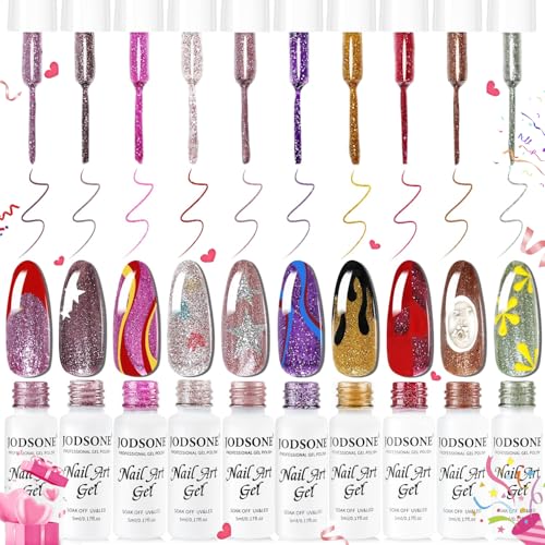 Image of JODSONE Nail Art Gel Liner Set 10 Colors Glitter Purple Gold Green Gel Nail Polish Need U V Lamp Cured with Thin Brush at Home Salon Design,Gifts for Women