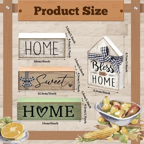 Image of Moucuny 4 Pcs Wooden Farmhouse Table Decor Rustic Home Sweet Home Stacked Blocks Decoration Farmhouse Tiered Tray Decor Decorative Eucalyptus Block Signs Bless Gift for Kitchen Shelf Coffee Table